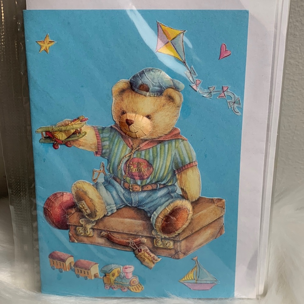 Vintage 3D Bear Baby greeting card. Blank inside Little Blue